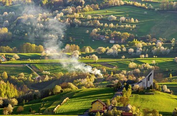 Ecological small spring fields. Spring landscape with blossom trees on a green meadows. Fresh country in Hrinova, Podpolanie region Slovakia, Europe.