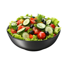 A bowl of salad with lettuce, tomatoes, cucumbers, and olives isolated on transparent background, png, cut out