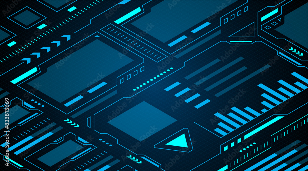 Poster frame isometric digital display technology futuristic hud vector design for digital media.