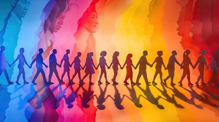 Silhouettes of LGBTQ individuals holding hands, paper cut rainbow background, vibrant and inclusive, digital art