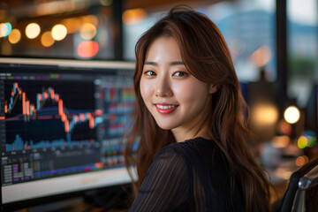 Asian woman smiling confidently at table with computer screen showing stock market charts and graphs.