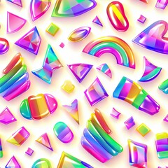 3D rainbow prisms and pride symbols, seamless pattern, illustration, bright and glossy colors, creating a dynamic and modern LGBTQ representation