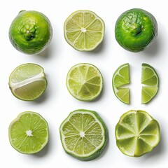 Lime whole fruit and cut fruit in studio, isolated, white background, no shadow, no logo