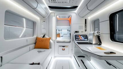 Fototapeta premium A white and orange van with two couches and a TV