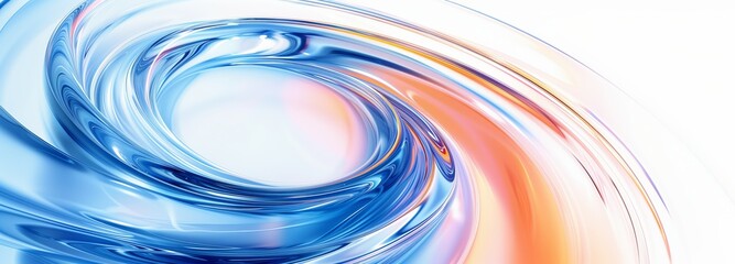 Curved glass spiral in blue and orange background banner, abstract 3D curved transparent glass spiral, AI generated