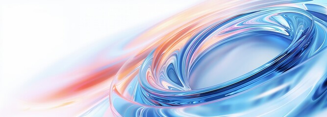 Curved glass spiral in blue and orange background banner, abstract 3D curved glass spiral, AI generated