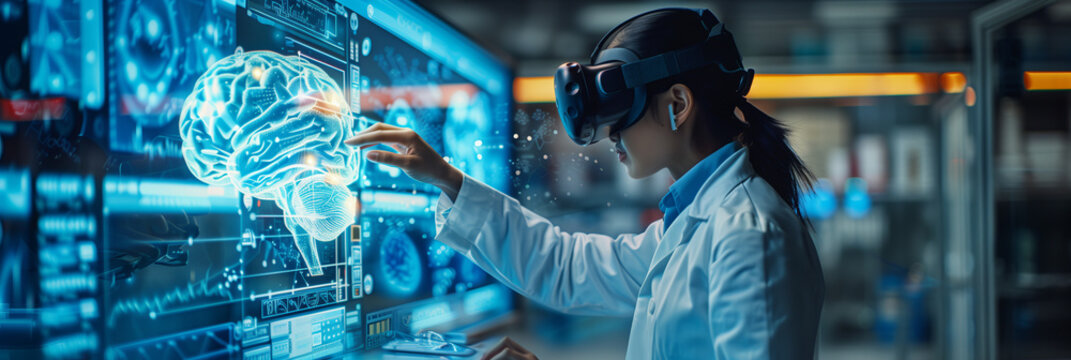 Scientists wear VR goggles on their heads and are touching a virtual holographic brain model in their office. - Powered by Adobe