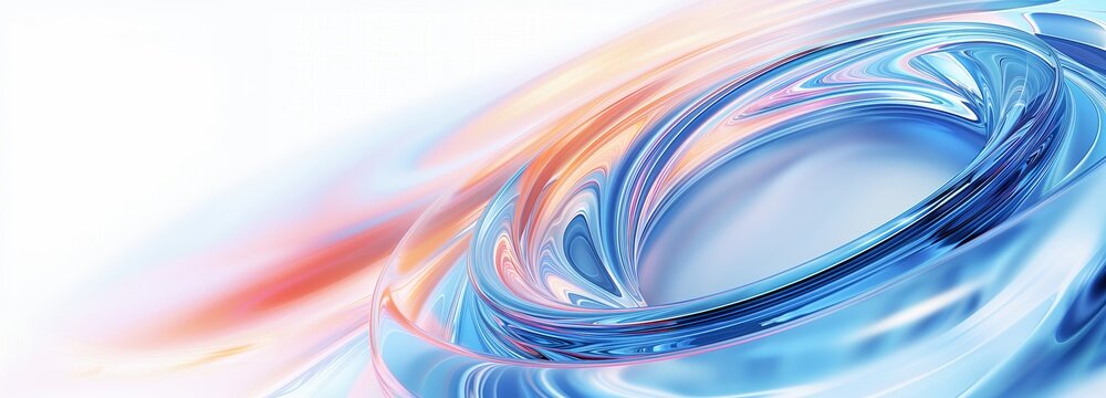 Curved glass spiral in blue and orange background banner, abstract 3D curved glass spiral, AI generated