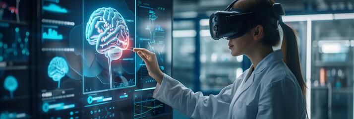 Scientists wear VR goggles on their heads and are touching a virtual holographic brain model in their office.
