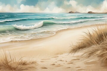 Watercolor beach background with blue ocean waves, sand and dry brown grass. The distant mountains add depth to the serene landscape. 