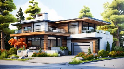 3d rendering of a modern house with garden