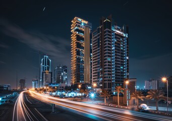 Fototapeta premium A stunning modern skyscrapers and palm trees. Long exposure to capture motion blur from cars passing through the street below