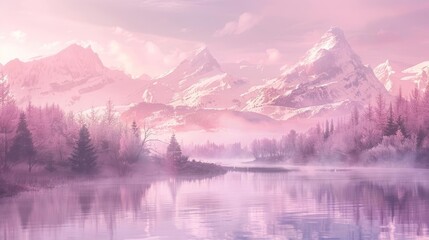Surreal pink world, snow-capped peaks, calm river, ethereal and peaceful, soft pastel colors