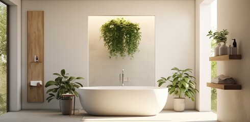 An eco-friendly minimalist bathroom features a sleek sink, pristine white bathtub, and a window offering ample natural light, creating a serene and inviting space.