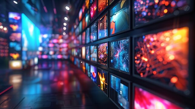Vibrant multi-screen display showcasing diverse content in modern high-tech setting