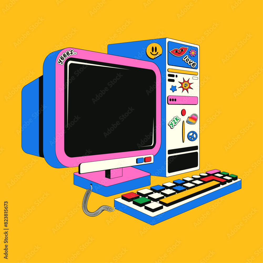 Poster old retro computer in y2k style. colorful vector illustration of a pink computer in isometry covered