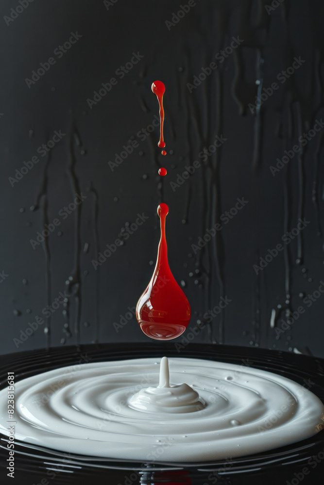Poster artistic rendering of a drop of blood morphing into a drop of milk as it falls, representing transfo