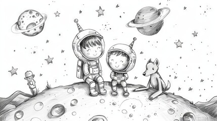 An illustration of two children and a dog wearing spacesuits sitting on the moon.