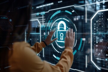 Hand interacting with a digital padlock interface, representing secure data storage and advanced cybersecurity measures.