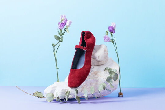 Red ballerina shoes on a rock