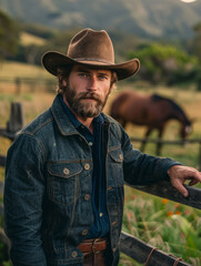 Fototapeta premium Bearded cowboy in denim jacket with a horse in the background.