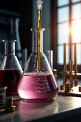Close up of flasks and test tubes with acid in chemical laboratory. Reagents acid suspensions for experiments. Conical flask with samples of acids. Chemical industry concept. Copy ad text space