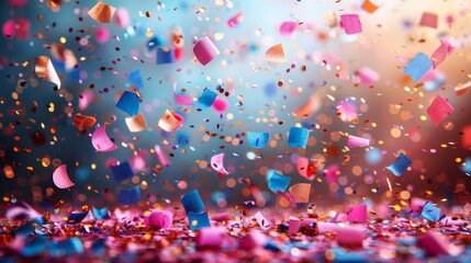 A vivid image featuring a shower of confetti in blue and orange, simulating a festive and lively atmosphere