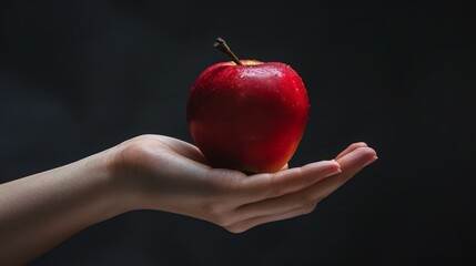 A hand holding a red apple in front of a black background