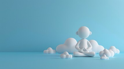 A serene 3D cartoon character meditating in a lotus position, surrounded by calming clouds