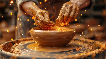 Artisan hands carefully shaping a clay bowl on a potter's wheel with a warm, sparkling background, indicative of creation and tradition