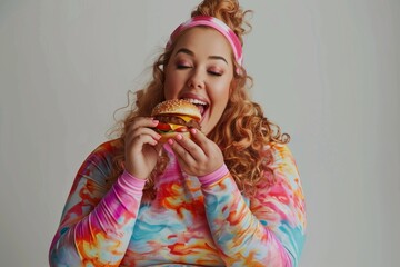 Fat woman in colored sportswear with hamburger in hands on white background