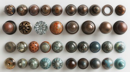 A collection of antique brass knobs and handles