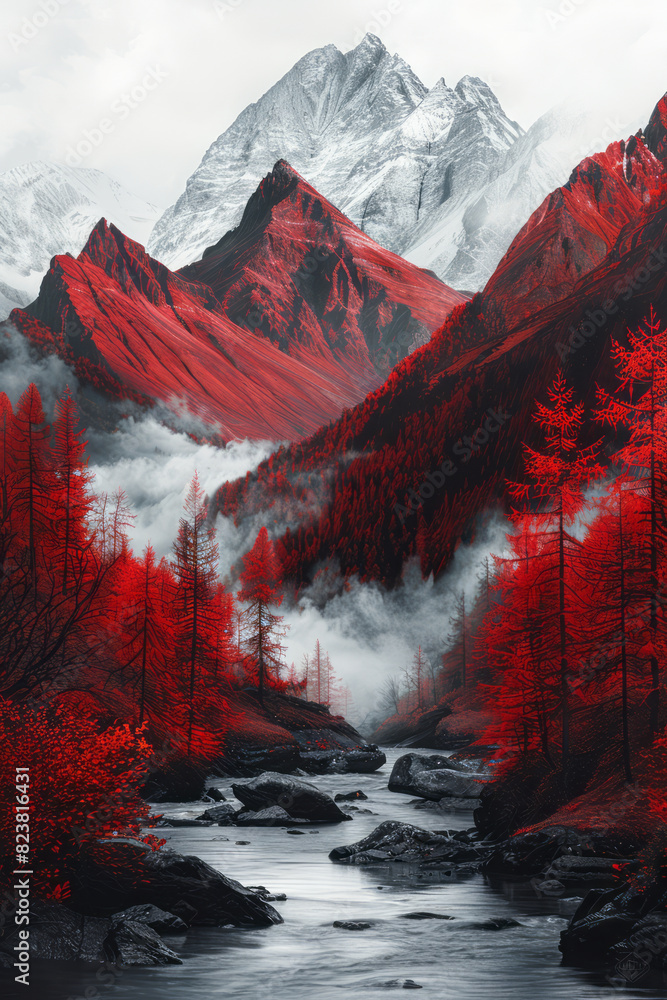 Poster artistic rendering of a landscape with red mountains bleeding into white valleys, representing the t