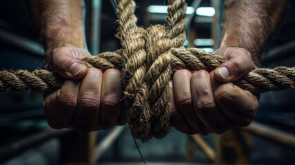 Close-up of male hands gripping a rope knot, symbolizing strength.