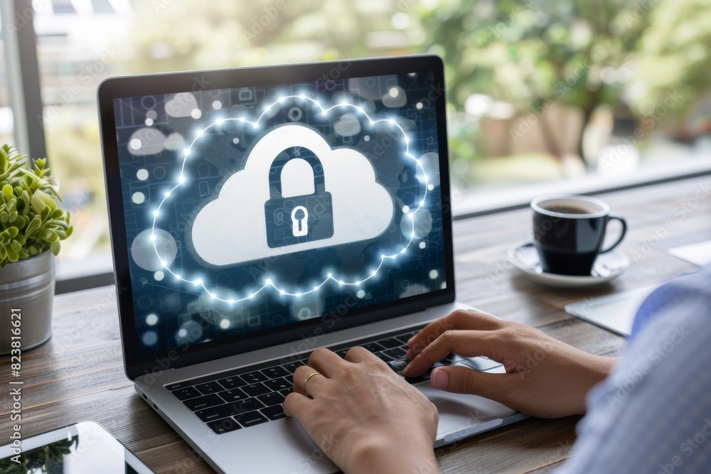 Poster hand interacting with a digital cloud padlock on a laptop, representing secure data storage and adva