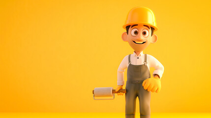 3d animation male construction worker character in suit and helmet holding a paint roller 