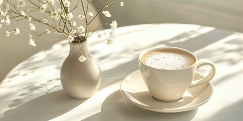 a cup of coffee with foam on a white table, flower vase and sun light on the table