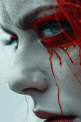 Depiction of a face with tears of blood on one side and tears of milk on the other, symbolizing sorrow and healing,