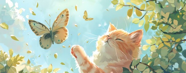A cute and chubby yellow cat is playing with the butterfly