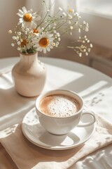 a cup of coffee with foam on a white table, flower vase and sun light on the table
