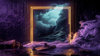 Neon Frame with Dramatic Wave and Smoke on Dark Background – Perfect for Artistic Designs, Modern Decor, and Dynamic Visuals