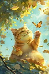 A cute and chubby yellow cat is playing with the butterfly