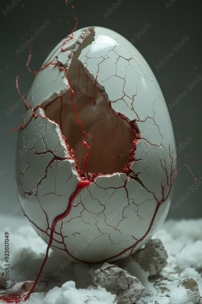 Poster artistic rendering of a phoenix egg cracking open, with blood flowing out and transforming into milk