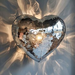 disco ball with heart shape hanging infront of a wall with reflection.Valentines Day