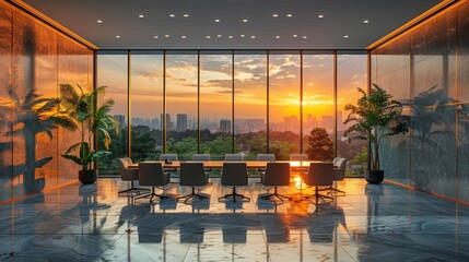 A contemporary office room with a panoramic view of the cityscape at sunset, featuring reflective glass walls and stylish furniture