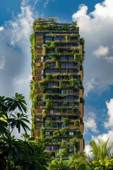 an eco friendly modern high rise building with blue sky and sun shine background