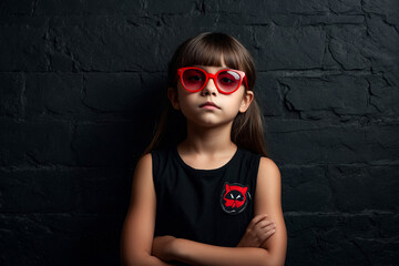 Portrait of mystic kid girl princess in blood glasses posing arms crossed at textured wall in dark room, bored looking up. Child actor in theatrical image. Theatre perform concept. Copy ad text space