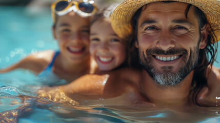 Happy man with beard and straw hat with his two daughters in sea. Summer time. Selective focus. Summer vacation concept.  - Powered by Adobe