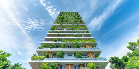an eco friendly modern high rise building with blue sky and sun shine background