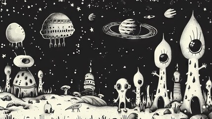 The image is a black and white drawing of an alien city. There are many tall buildings and strange plants. The sky is full of stars and planets.
